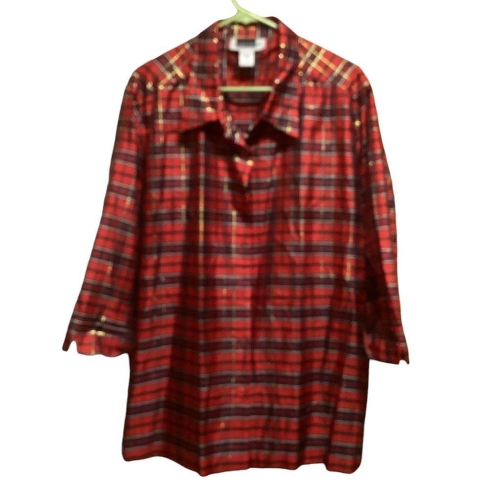 MAGGIE BARNES RED/BLACK/GOLD PLAID 100% SILK SHIRT WOMENS SIZE 26 LIKE NEW